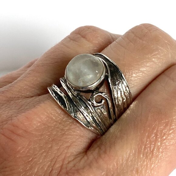 Sterling Silver 925 YS India Modernist Moonstone Wide Band Ring Sz 7.5-7.75 - Picture 7 of 16